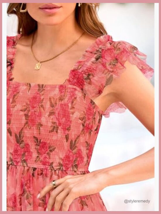 Tulle Midi Dress Sleeveless Smocked Ruffle Flowy Mesh Sundress - Picture 5 of 7